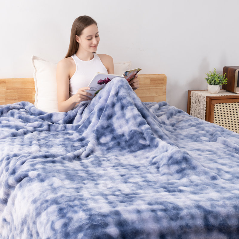 Faux Rabbit Fur Blanket Machine Woven Throw Blanket, Blue, 152x203