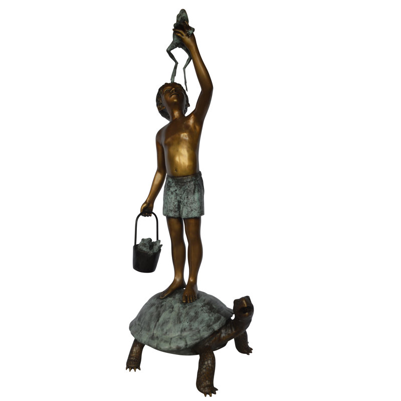 Copper and Metal Boy on Turtle Holding Frog Fountain