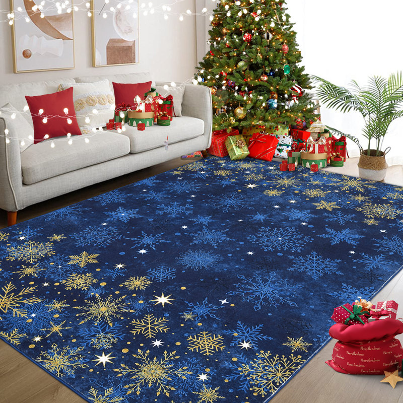 Christmas Area Rug – Washable, Non-Slip Carpet with Snowflakes, Soft Low Pile Accent Rug for Living Room, Bedroom, Holiday Winter Decor – Blue, 9x12ft (274x366cm), USA