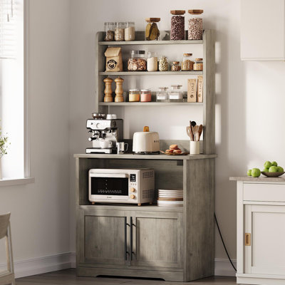 Bakers Rack With Storage Cabinet, Microwave Stand With Power Outlets