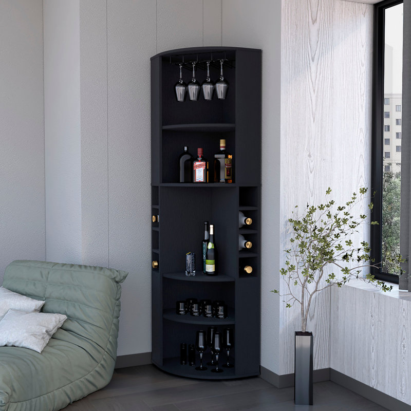 Large Shelves Black Corner Bar Cabinet - 5 Shelf Design, Stores Wine & Glassware, Wood, Enhances Decor With Spacious Keeps Wine, Glassware Liquors Organized, Made Of Wood For Living Room