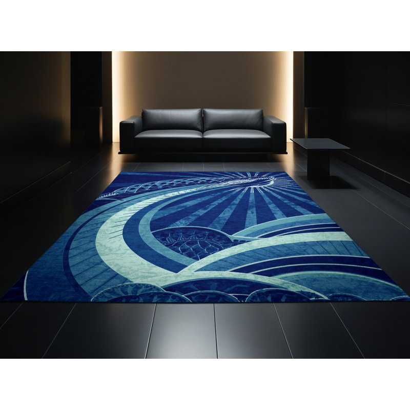 Machine Washable Pavli Sea Serpent Leviathan Art Deco Arc Rug in Blue – Navy Binding, 7x9