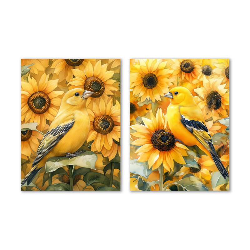Chardonneret en tournesols - oiseaux, ensemble de 2 reproductions d'art mural en métal, 32" H x 48" W