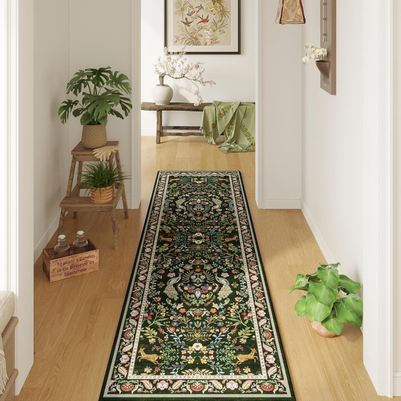 Tapis de cuisine floral lavable antidérapant, Vert émeraude, Tapis de couloir 2 pi x 6 pi