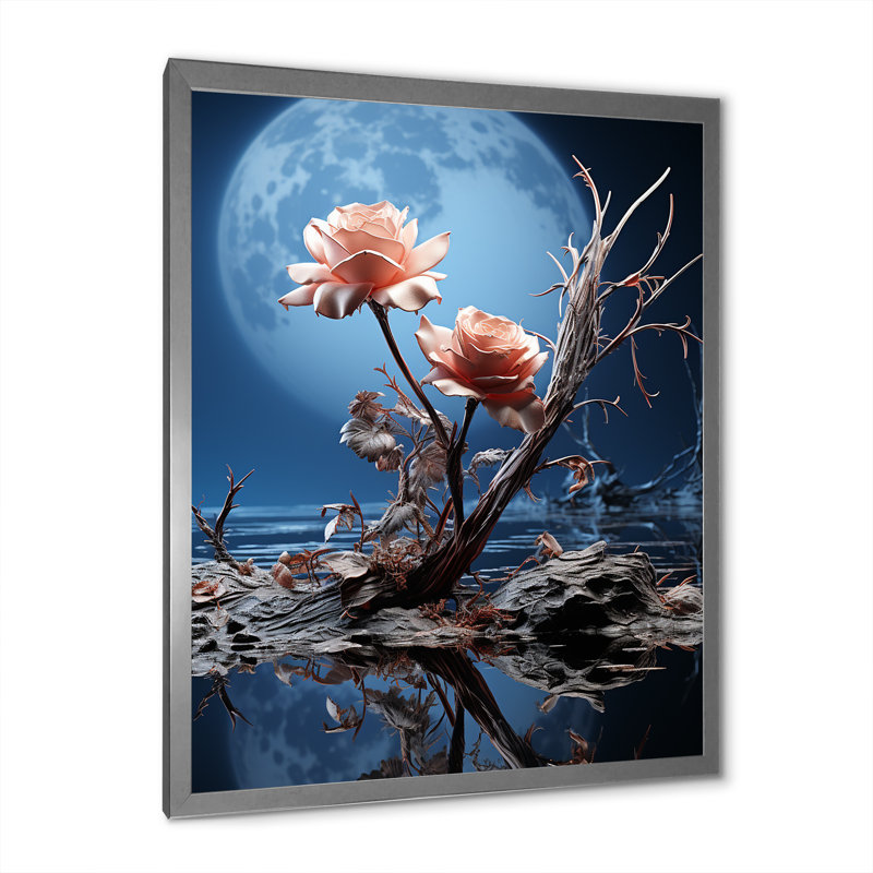 «Moonlit Flower Serenity Blooms II - Rose», art mural, Cadre simple argenté, H 32 po x l 24 po x P 1 po