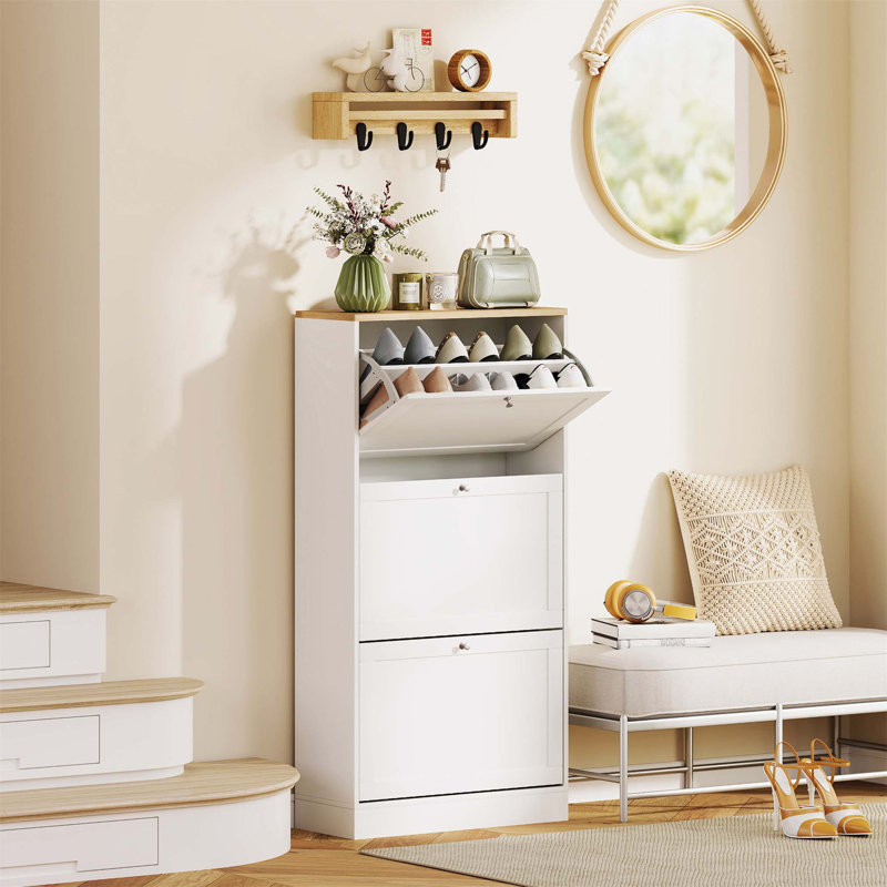 18 Pair Flip Down Shoe Storage, White/Brown