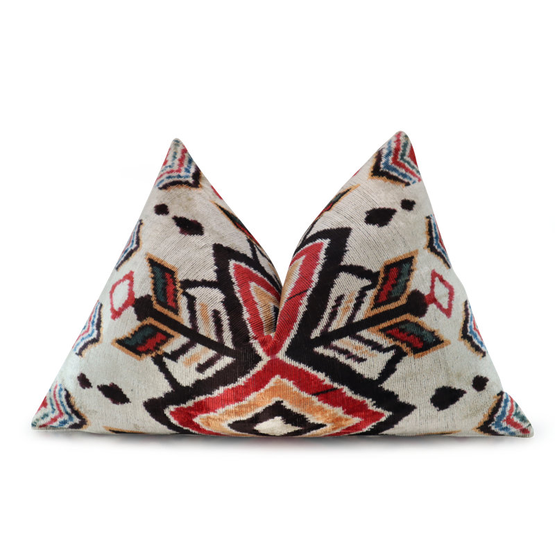 Velvet Lumbar Pillow Cover & Insert, Red/Orange/Beige Geometric 1