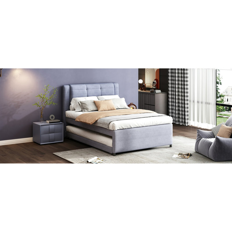 Lit double avec lit gigogne gris - Fabrication en bois massif et tête de lit incluse Pin +. Pas de sommier tapissier. Temps de sommeil confortable