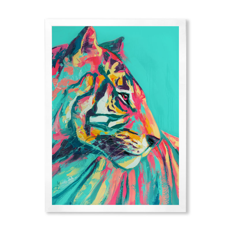 Pop Art turquoise et tigre rose - décoration murale moderne en toile, Toile avec cadre blanc, H 40 po x l 30 po x P 1,5 po