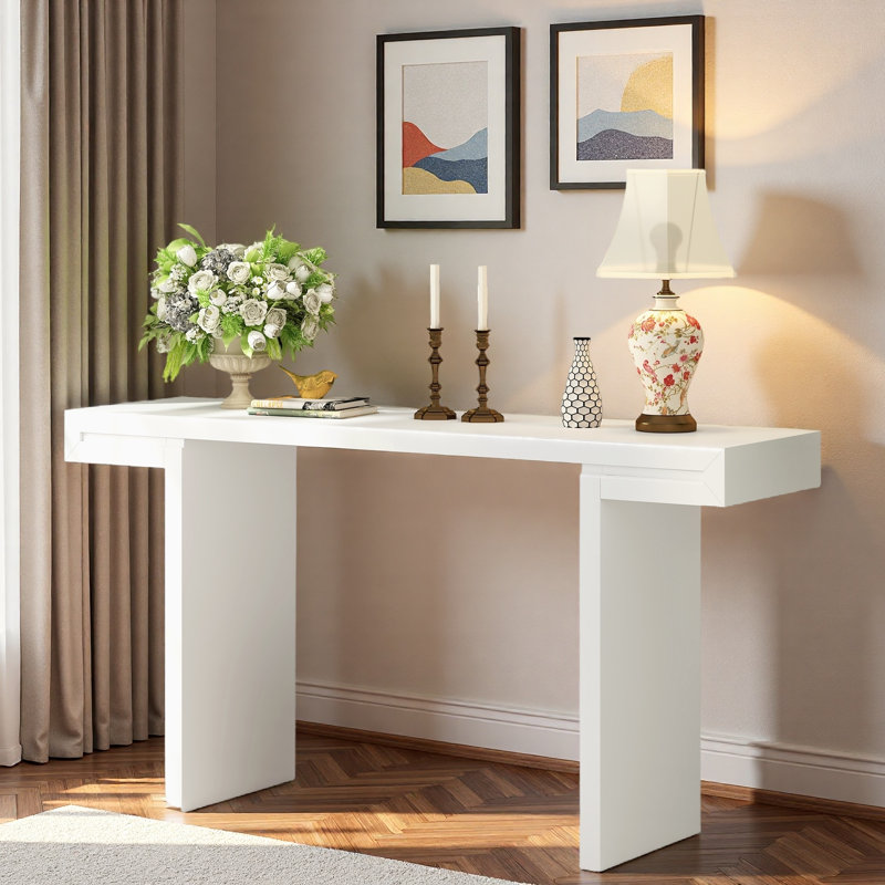 Console avec lignes géométriques et pieds réglables, Blanc