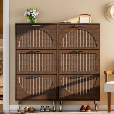 Shoe Cabinet With 6 Flip Drawers And Adjustable Shelves, Narrow Shoe Organizer With Fluted Panel, Freestanding Hidden Shoe Cabinet For Hallway