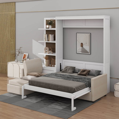 Grand lit escamotable avec canapé et tablettes