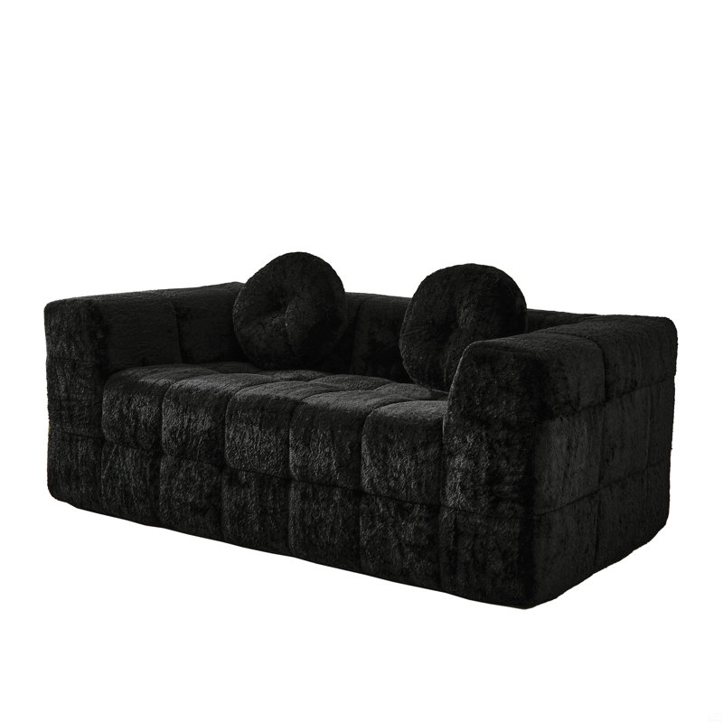 Boneless Couch With Two Circular Throw Pillows,Checkered Fabric Design Foam Sofa, Black