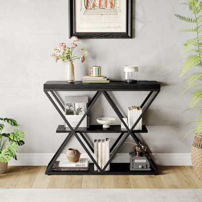 3-Tier Industrial Console Table - Sturdy Entryway Sofa Table with X-Shaped Metal Frame, Open Storage Shelves - Vintage Accent Furniture for Living Room, Hallway, or Foyer - Vintage Brown