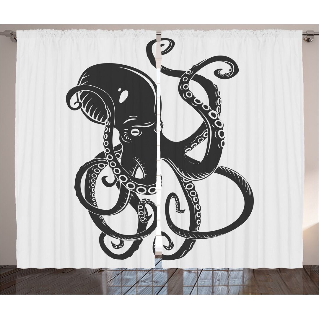 Rustikaler Vorhang, Cartoon Octopus in Sea, Schwarz, Schwarz