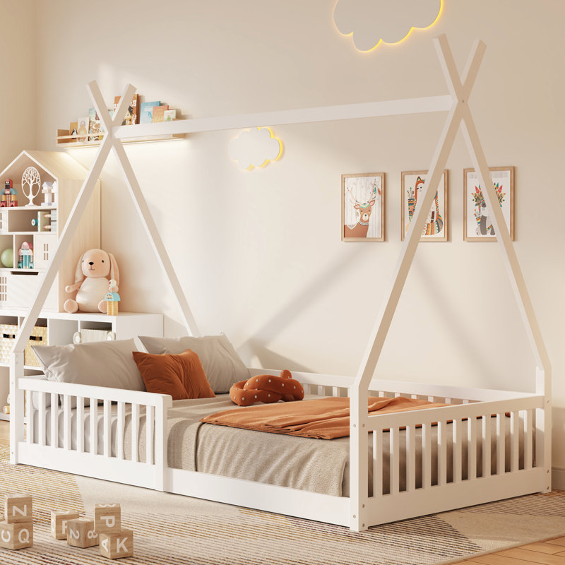 Lit simple pour maison simple avec clôture blanche - Bois de pin massif pour un garde-corps élégant et sécuritaire, Blanc