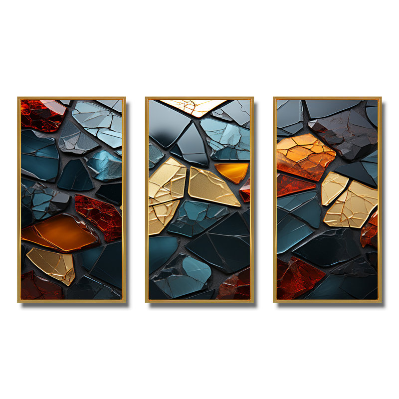 Carreaux de mosaïque cubiques dorés et bleus V - décoration murale en marbre, Cadre flottant doré, H 40 po x l 61 po x P 1 po