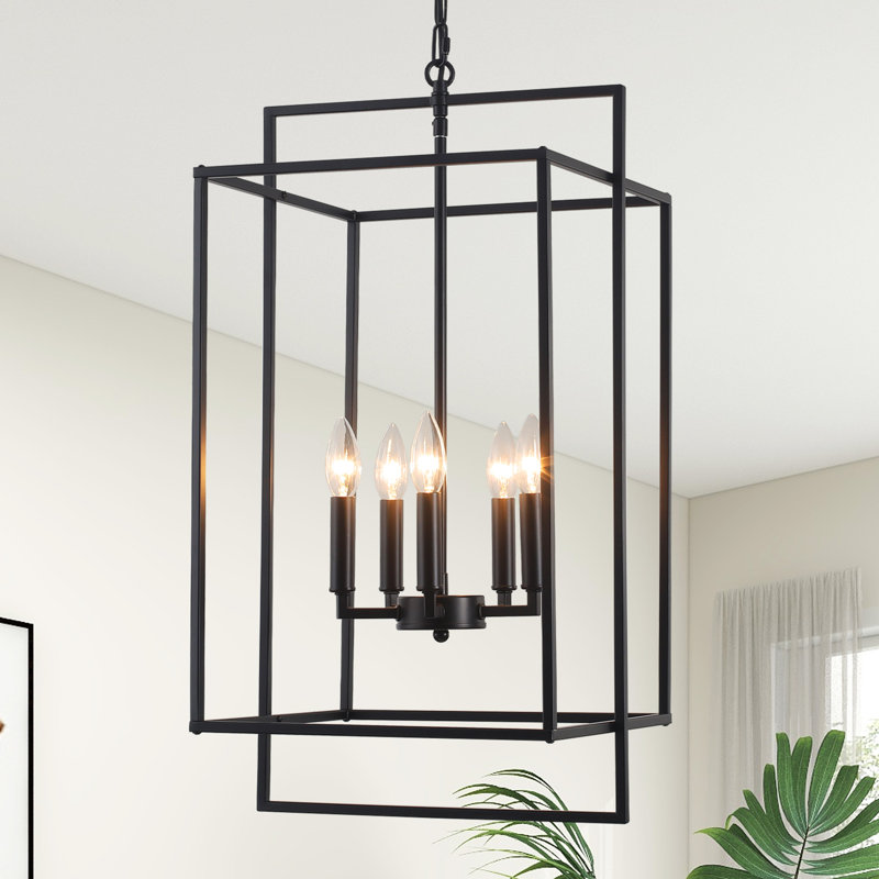 5 - Light Dimmable Lantern Square/Rectangle Chandelier, Matte Black