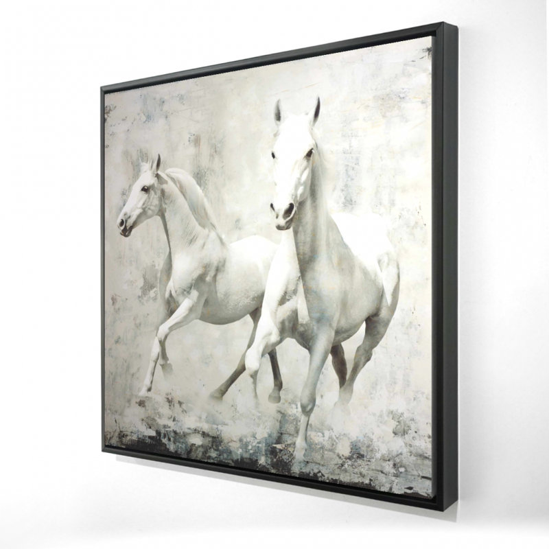Deux chevaux blancs qui courent sur toile, H 36 po x l 36 po
