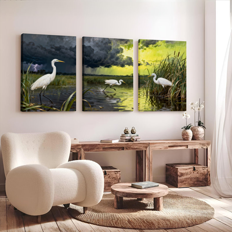 «White Heron in Marsh Landscape», ensemble de 3 reproductions d'art sur toile tendues, H 36 po x l 72 po