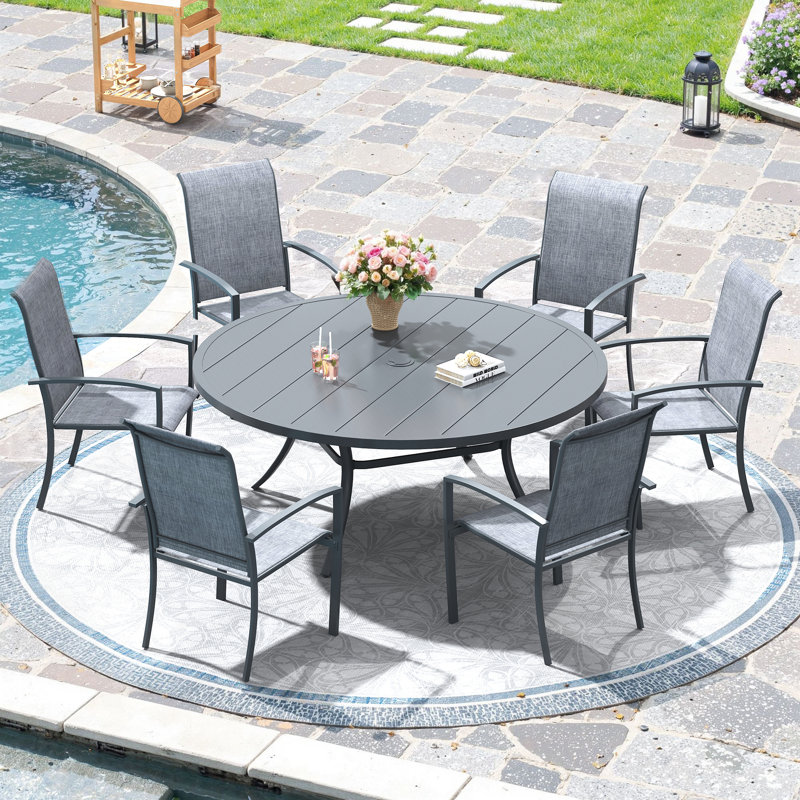 6-Person Round Patio Dining Set With Stackable PVC-Coated Polyester Chairs, Gray/Gray