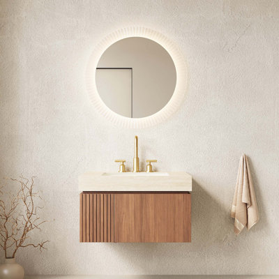 Meuble-lavabo flottant en contreplaqué avec tiroir et porte, comptoir en pierre frittée de style travertin et lavabo en céramique avec trous de robinet pré-percés, pré-assemblé