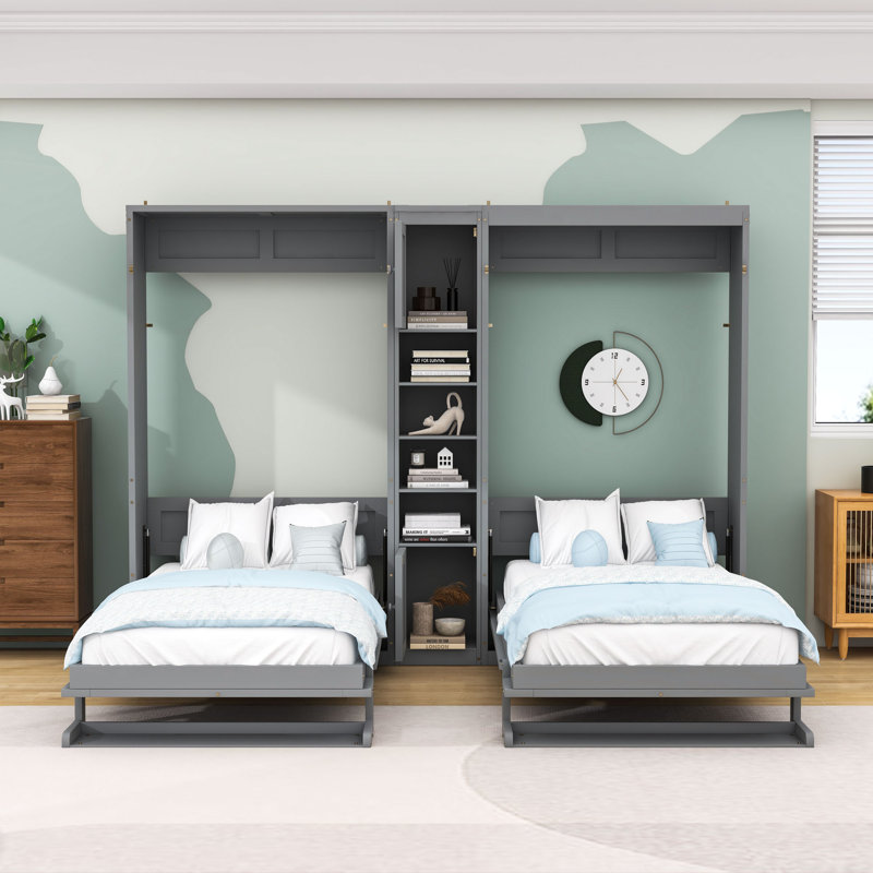 Lit escamotable simple et simple en bois avec armoires et tablettes, gris