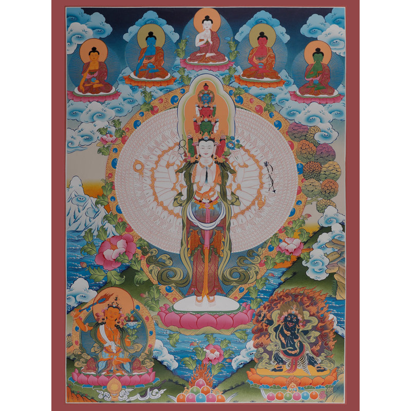 «Amoghpasha Lokeshvara» (Lasso infaillible), art mural 24 po bouddhiste tibétain peint à la main Avalokiteshvara Thangka, sans brocart, or pur 24 carats avec acrylique, 39 x 27,2 po