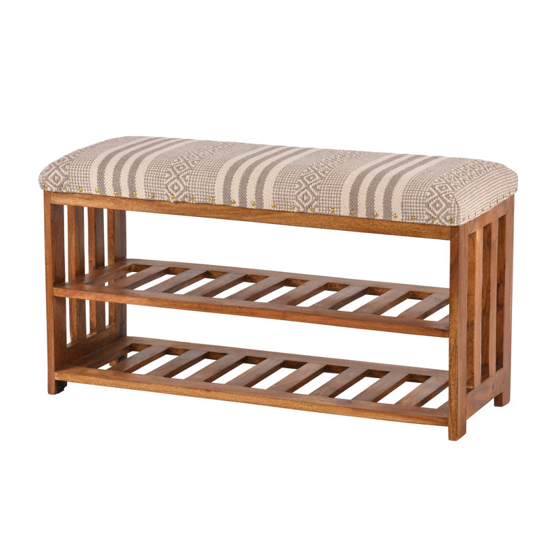 Eaker Cotton Upholstered Storage Bench, Light Brown/Striped