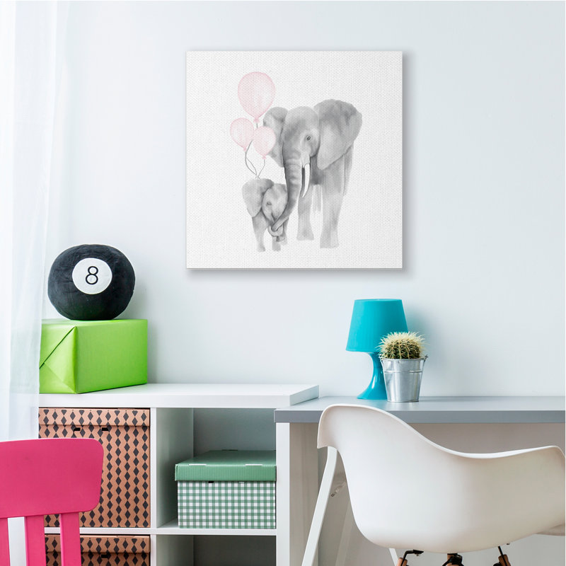 Joyeux éléphant dans un coffre familial avec des ballons roses, H 30 po x l 30 po, Toile tendue