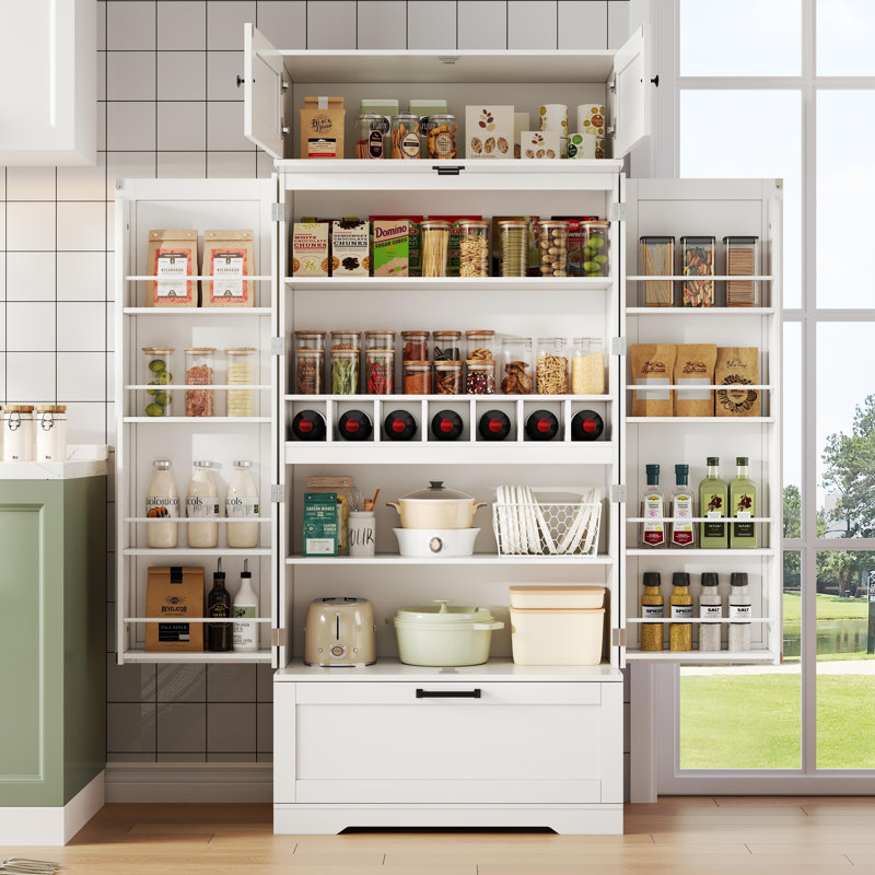 180 Cm Tall Kitchen Storage Cabinet With Wine Rack & Adjustable Shelves