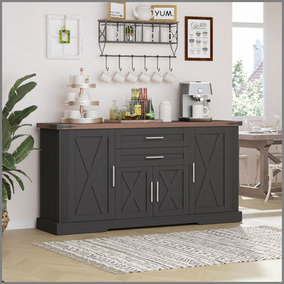 Armoire de rangement avec porte de grange 63 po avec 2 tiroirs et support de porte 63 po, grande table basse avec tablettes réglables pour la cuisine, le salon, le vestibule, la salle à manger, noir