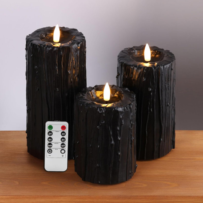 Ensemble de 3 bougies piliers sans flamme pour l'Halloween, bougies DEL noires à effet cire coulante avec télécommande, véritable cire vacillante pour la décoration de table ou d'étagère.