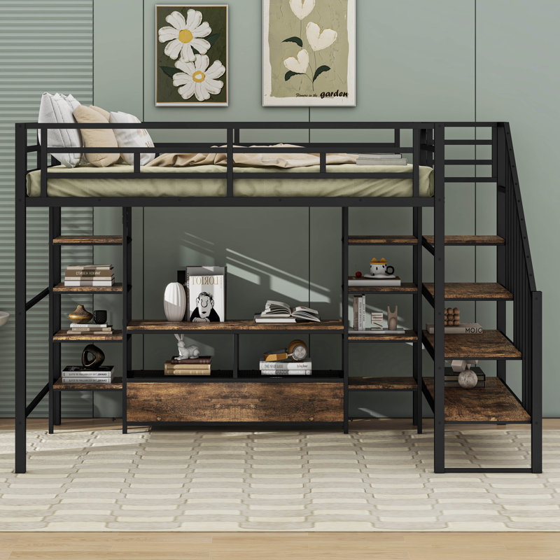 Lit mezzanine double en métal avec escalier, table de rangement basse et tablettes de rangement, Noir