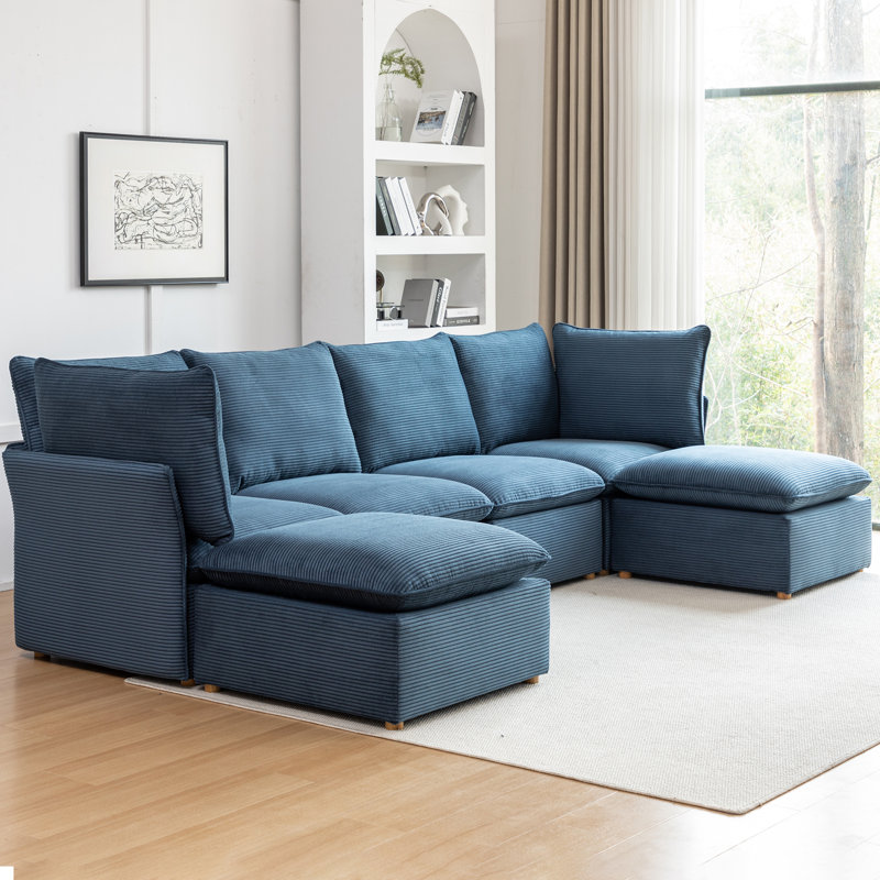 Hepworth Dejohn Corduroy Sectional Sofa With Two Ottomans, Blue Corduroy, 36" H x 125" W x 62.5" D