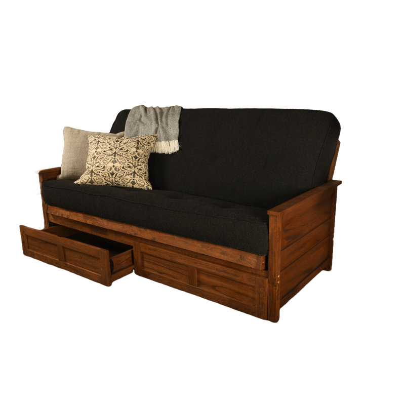 Futon double avec matelas avec rangement Emmiliano, Brun patiné, Canton Black 100% Polyester