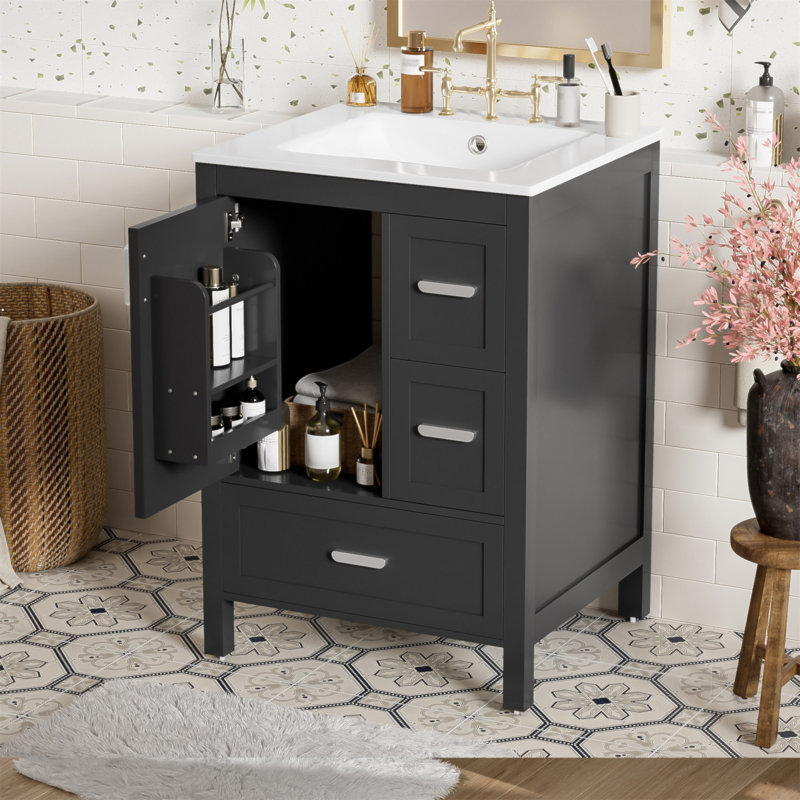 Meuble-lavabo moderne de 24 pouces avec lavabo en céramique, porte à fermeture douce, tablette de porte à double couche et 3 tiroirs