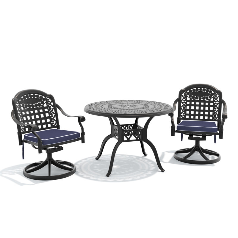 3-Piece Cast Aluminum Patio Dining Set, Round Table with Umbrella Hole & 2 Blue Cushioned Chairs, 2