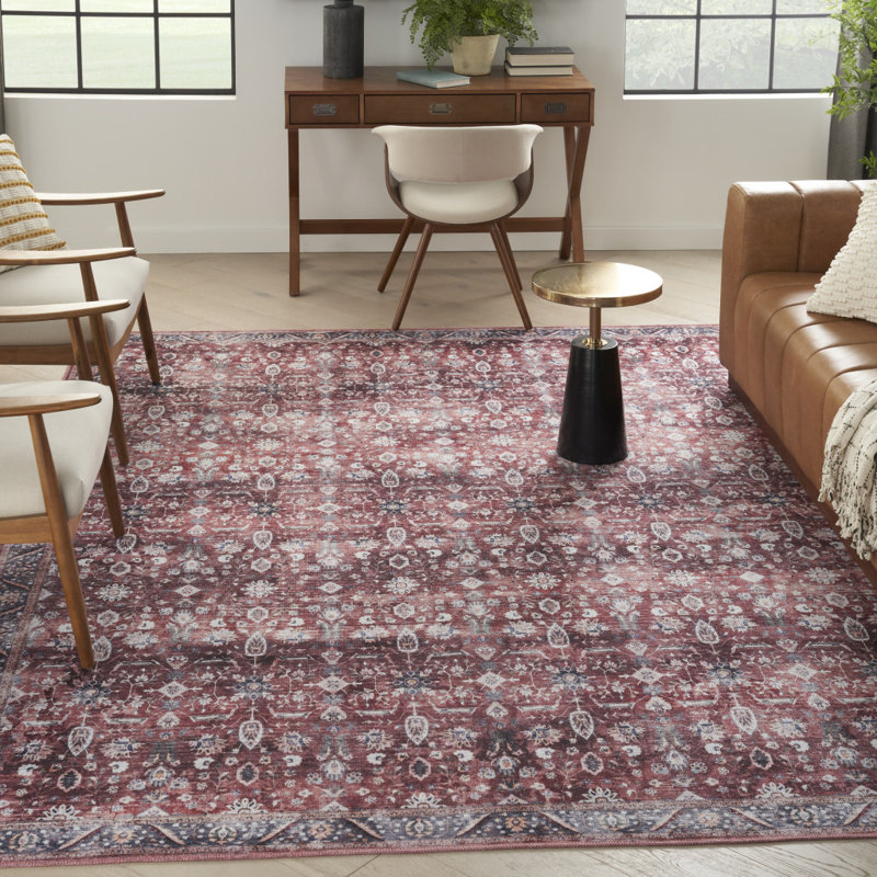 Tapis oriental rouge et ivoire délavé et tissé à la machine 5 pi x 7 pi