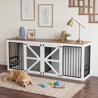 Cage pour chien de 240 cm (94,6 pouces), niche double de style ferme pour 2 chiens avec cloison fixe, porte de grange en treillis métallique, structure tubulaire en métal et 2 portes verrouillables, blanc et brun rustique