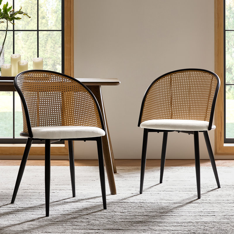 Mid-Century Modern Dinning Chair with Rattan Hollow Backrest (Set of 2), White
