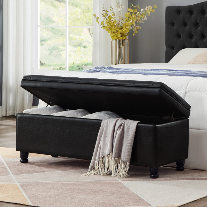 Upholstered Tufted Button Storage Bench ,Faux Leather Entry Bench With Spindle Wooden Legs, Bed Bench- Black