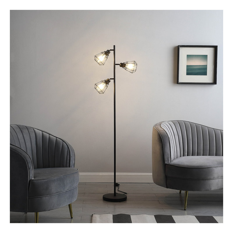 65" Industrial Farmhouse Metal Floor Lamp with Adjustable Cage Shade - Black Finish, 3-Light Design with Step-On Switch