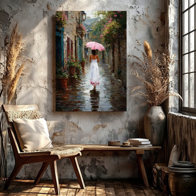 Romantic Rainy Street Painting Woman White Dress Pink Umbrella Decor Painting Canvas Wall Art Print, Decorative Home Accent, Living Room, Bedroom and Office Decor, Gallery Wall Artwork