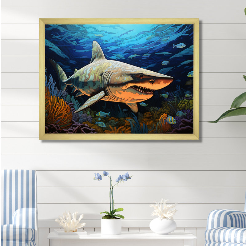 " Bull Shark Depths Photography I ", Gold Single Picture Framed, 12" H x 20" W x 1" D