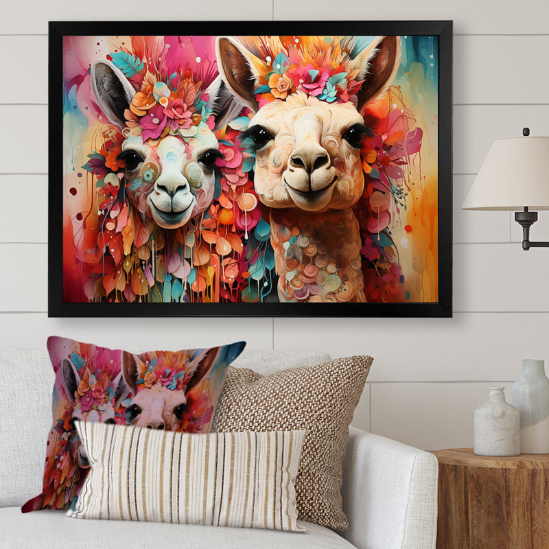Portrait floral coloré d'alpagas moelleux - Alpaca, art mural, Cadre d'angle fermé noir, H 30 po x l 40 po x P 1,5 po