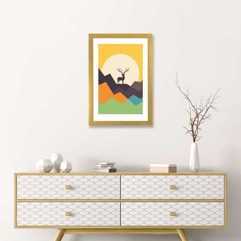 «Deer» par Andy Westface - impression d'art graphique, Blanc, H 24 po x l 16 po x P 1 po, Papier encadré doré