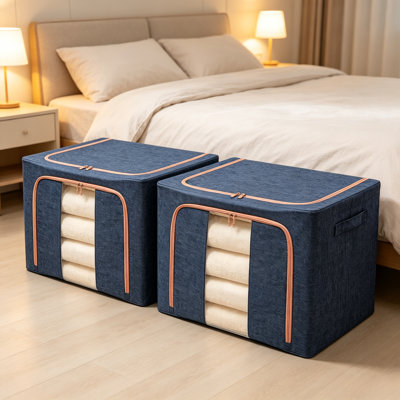 Paquet de 2 boîtes de rangement robustes en tissu bleu marine pour courtepointes de 66 litres avec poignées de transport latérales