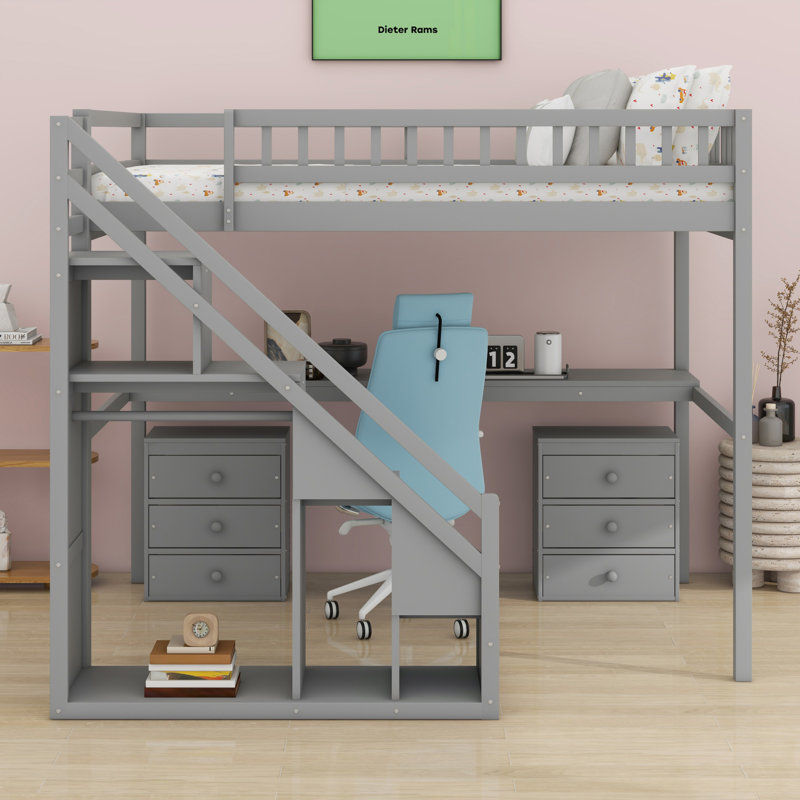 Lit mezzanine avec commode, bureau et bande lumineuse, Gris