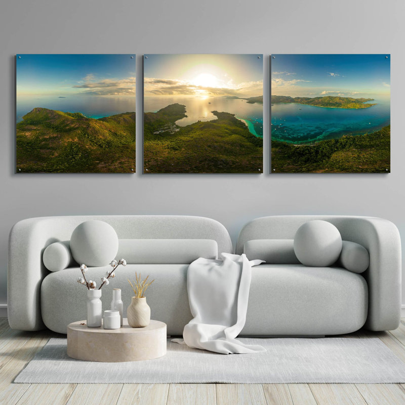 «Seychelles - View from Curiese Island» par Epic Portfolio, art mural en verre acrylique, ensemble de 3 pièces